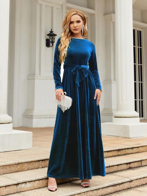 OhSoMaxi Tie Front Round Neck Long Sleeve Maxi Dress