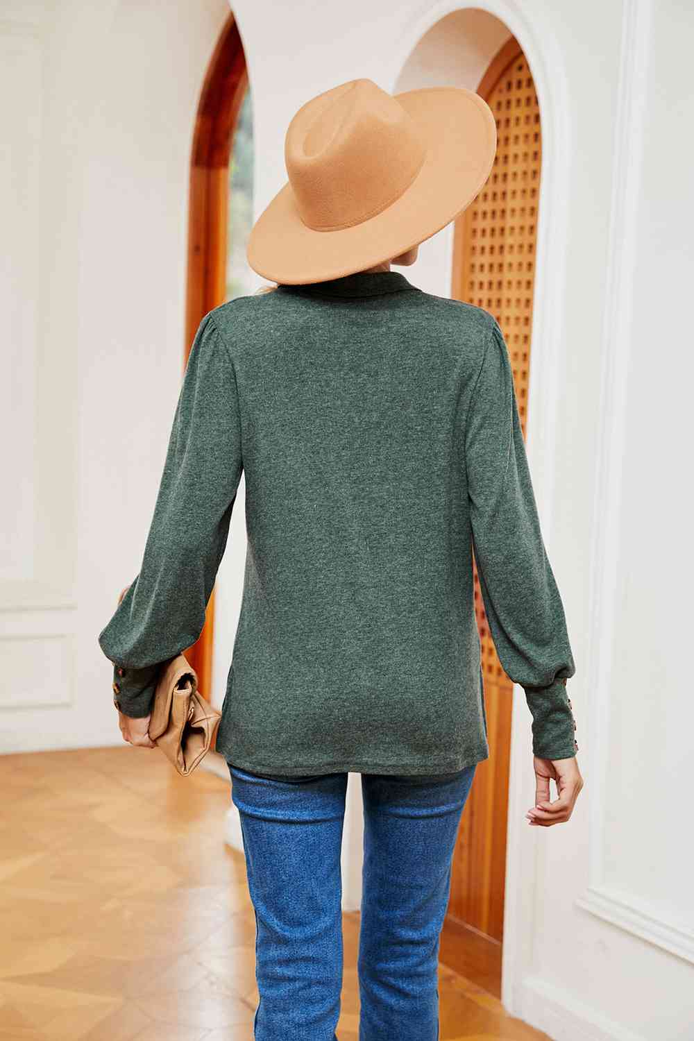 Full Size Johnny Collar Long Sleeve Top