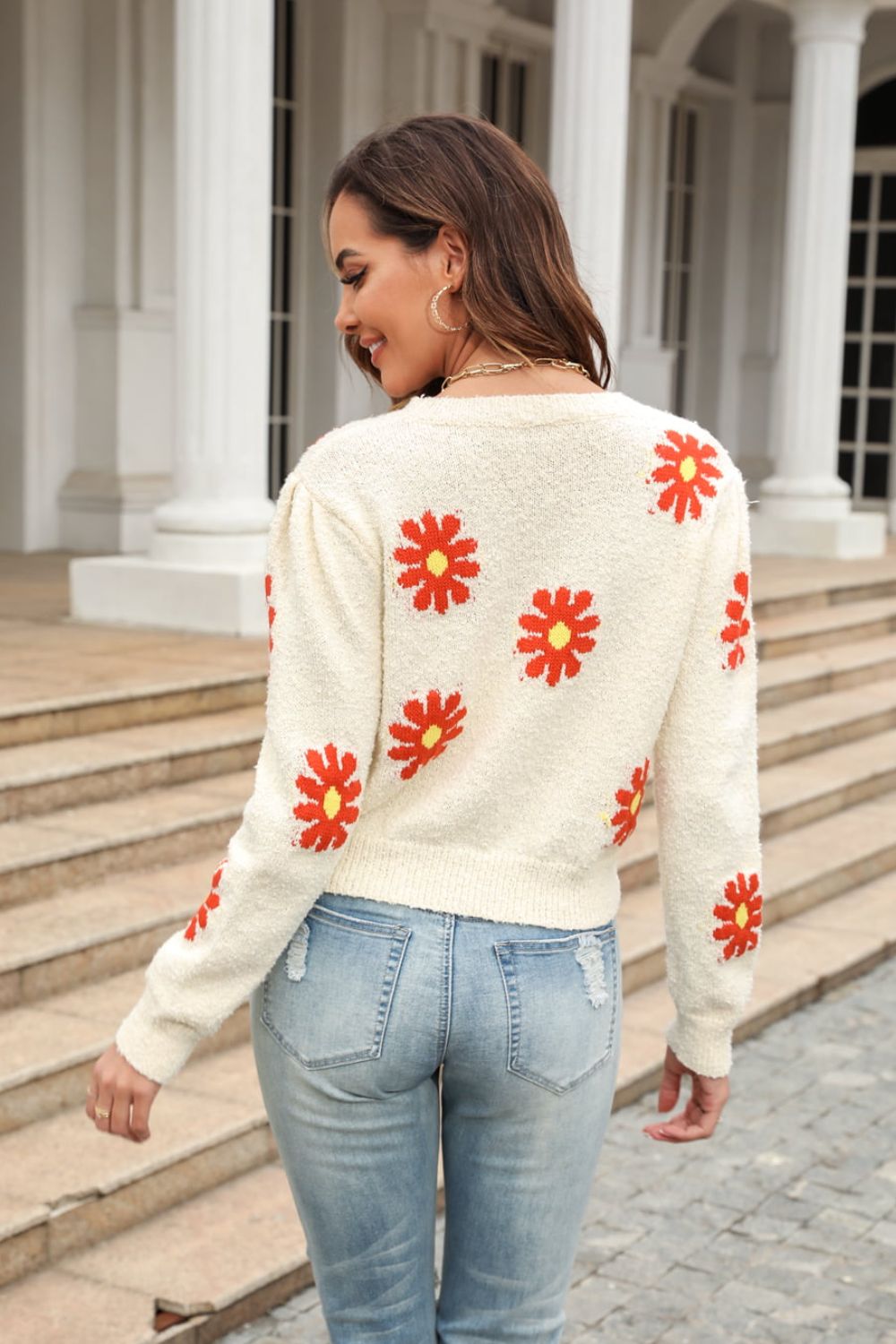 Malibu Dreams Flower Pattern Round Neck Short Sleeve Pullover Sweater