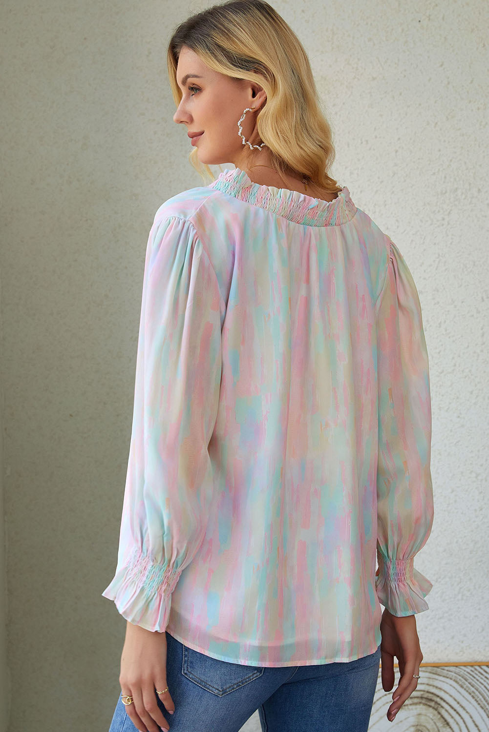 AuroraBlissX Notched Neck Flounce Sleeve Blouse