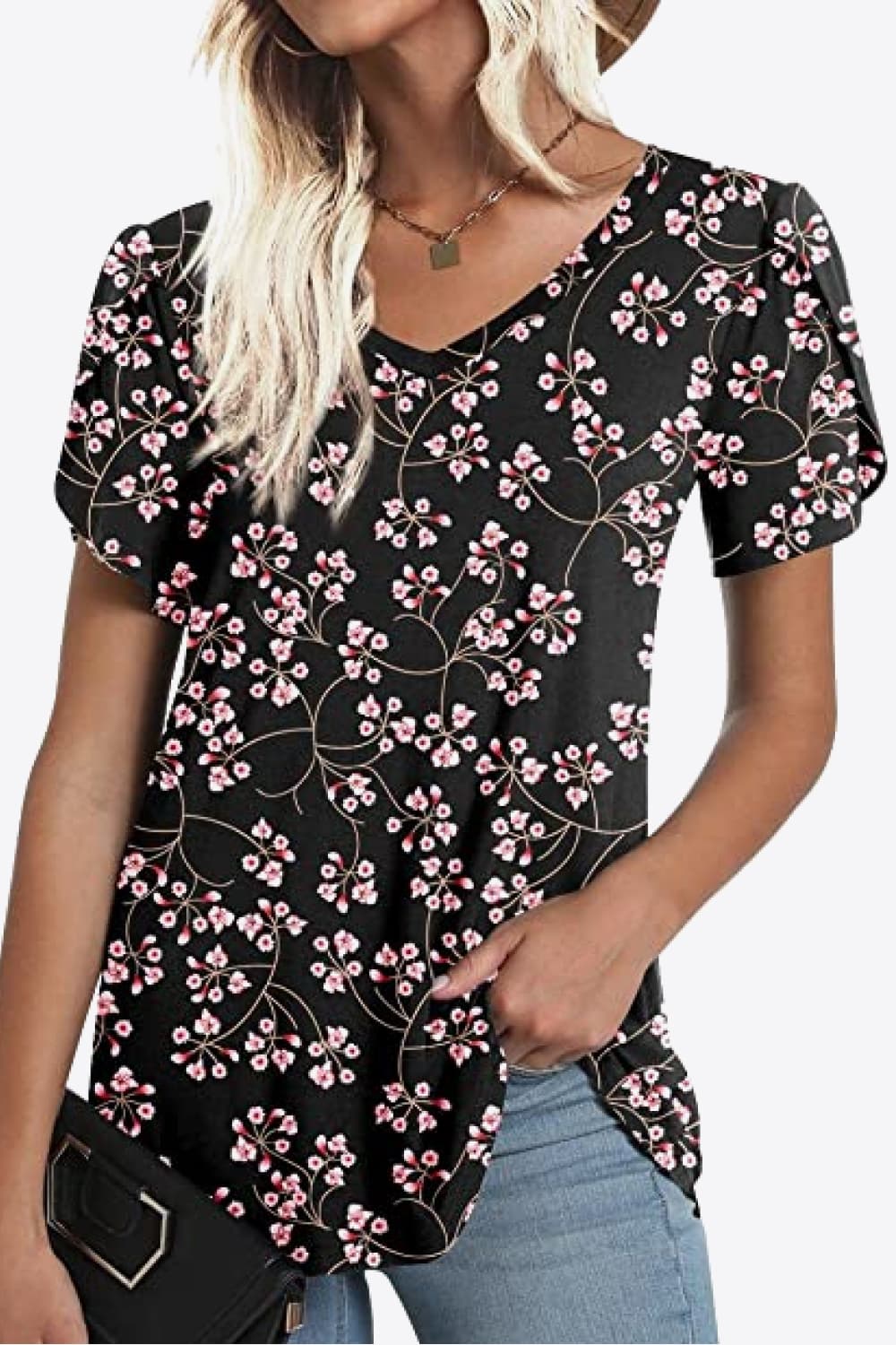 Full Size Printed Petal Sleeve V-Neck Blouse