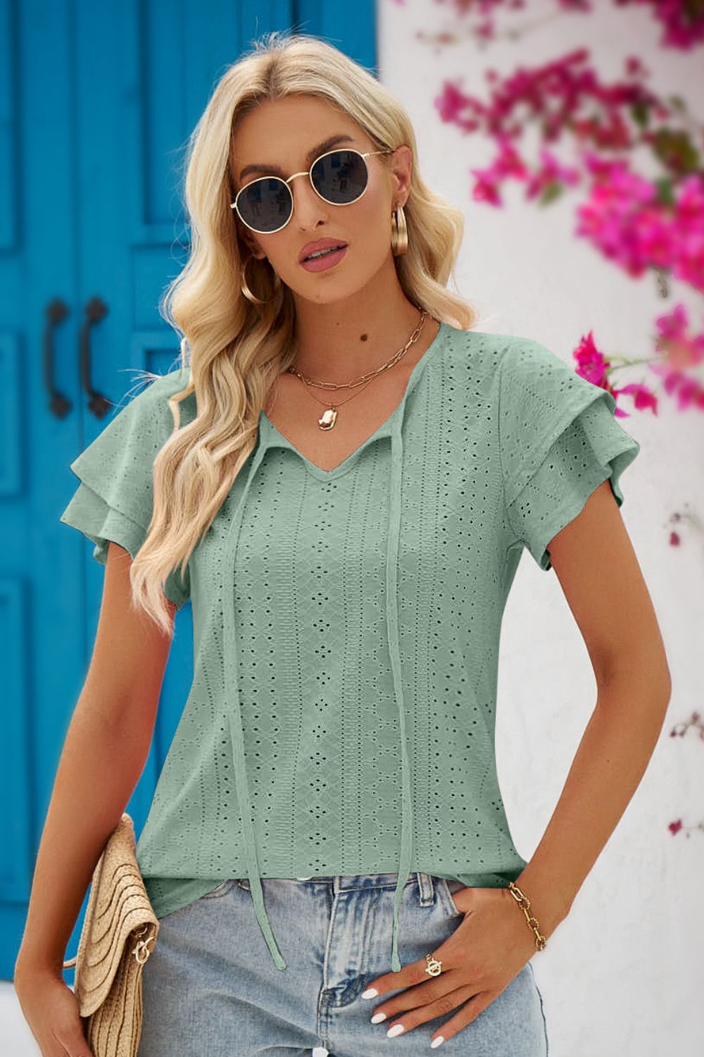 Women's Full Size Eyelet Tie-Neck Flutter Sleeve Blouse