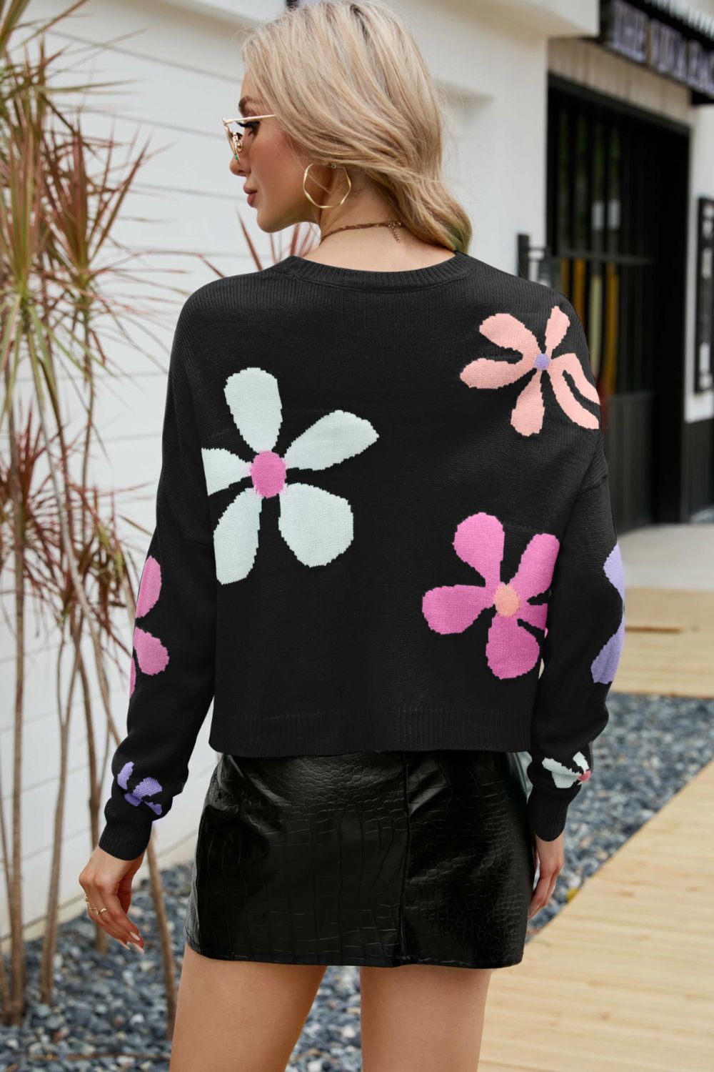 BLAZIN' BEAUTY Floral Dropped Shoulder Ribbed Trim Sweater