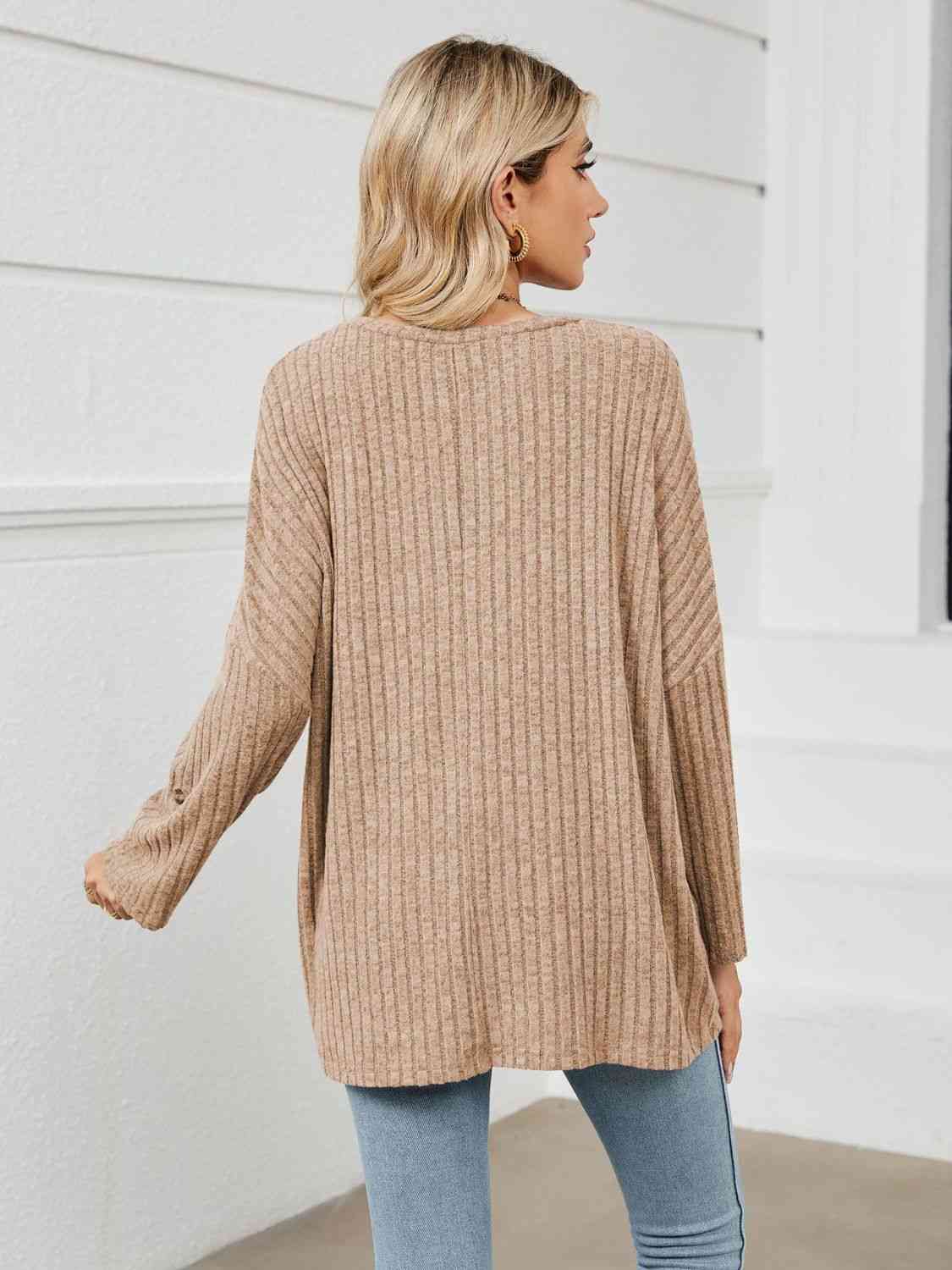 Full Size Round Neck Ribbed Long Sleeve T-Shirt