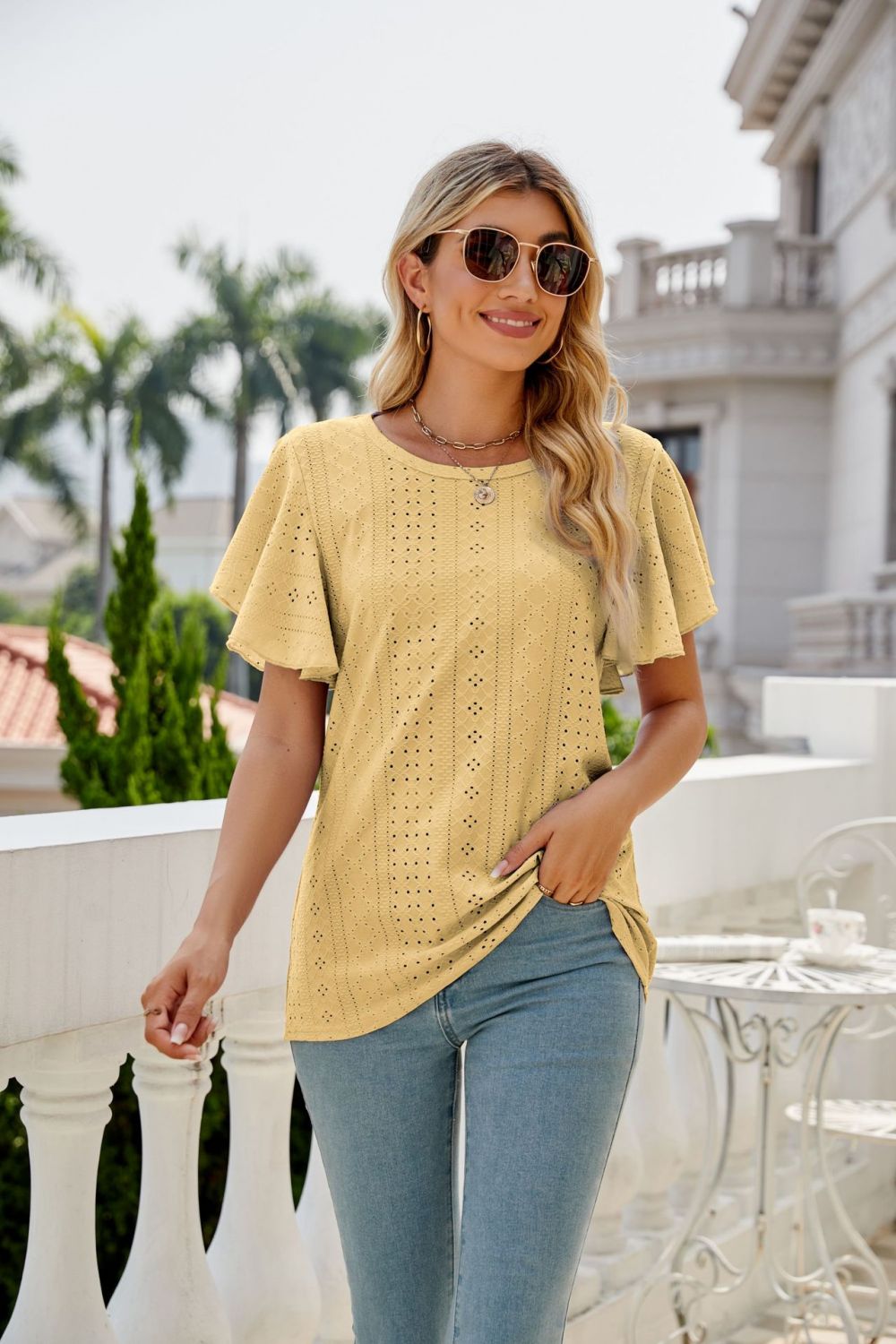 Full Size Eyelet Flutter Sleeve Round Neck Top