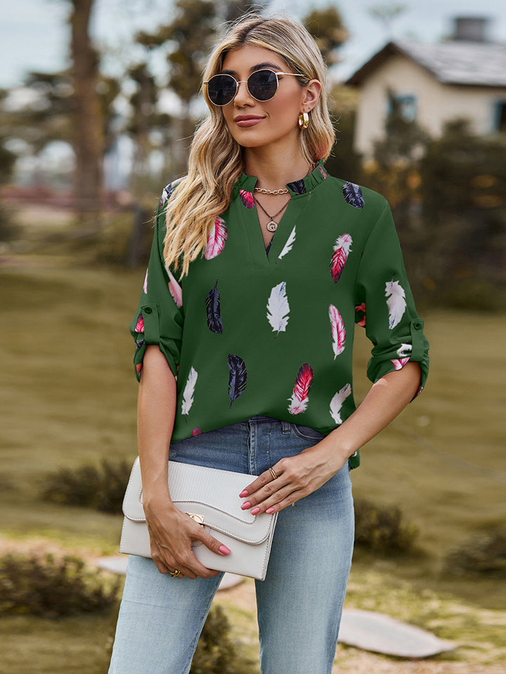 Full Size Printed Roll-Tab Sleeve Notched Neck Blouse