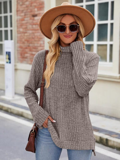 Laken Jay Ribbed Turtleneck Long Sleeve Slit Knit Top