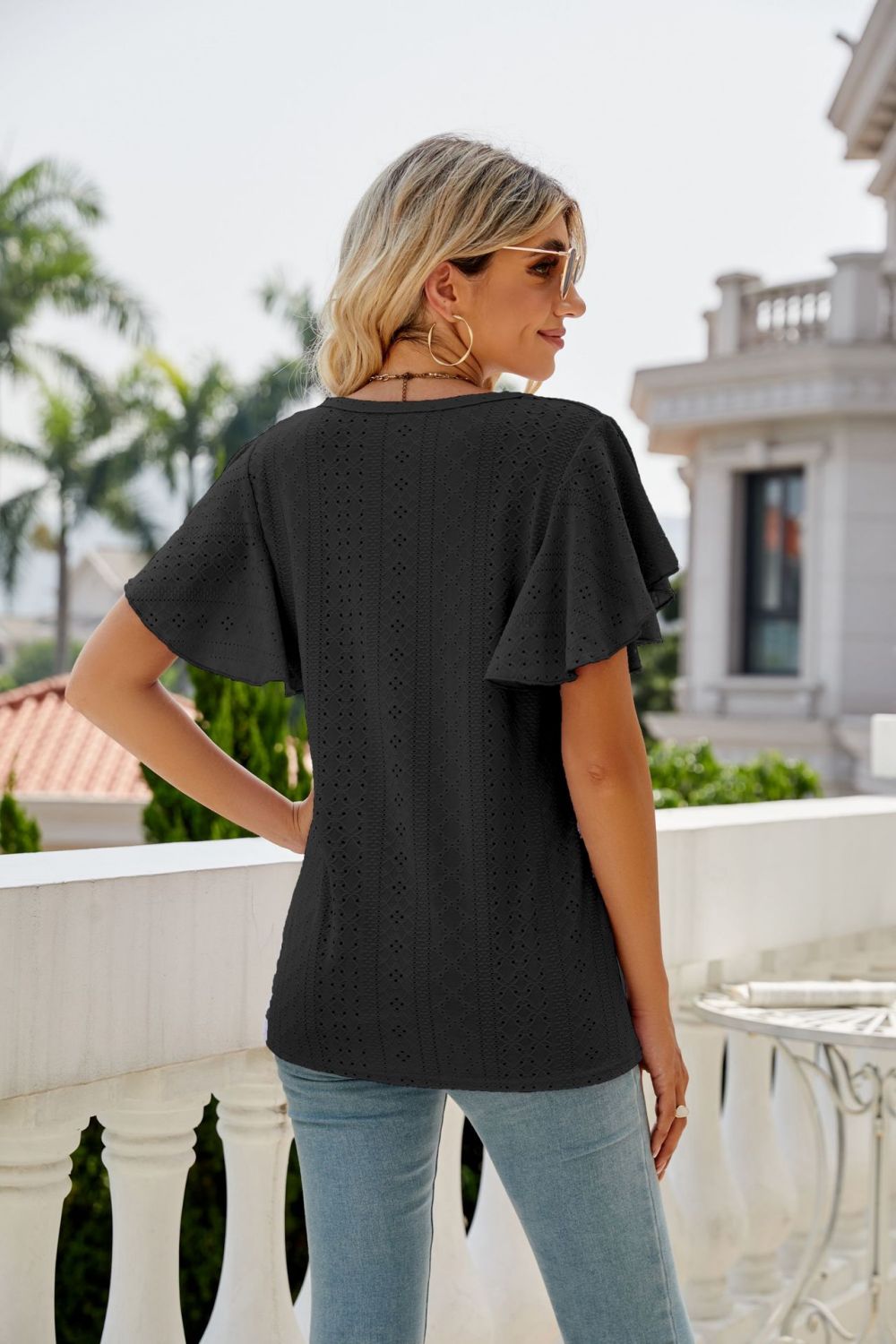 Full Size Eyelet Flutter Sleeve Round Neck Top