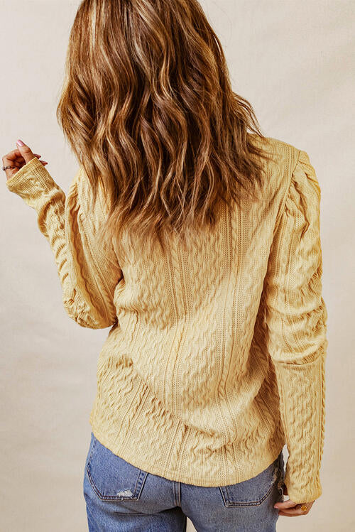 Yellow Green Cable-Knit Round Neck Long Sleeve Blouse