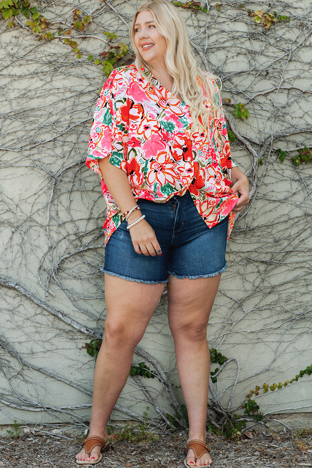 Malibu Dreams Plus Size Floral V-Neck Half Sleeve Shirt