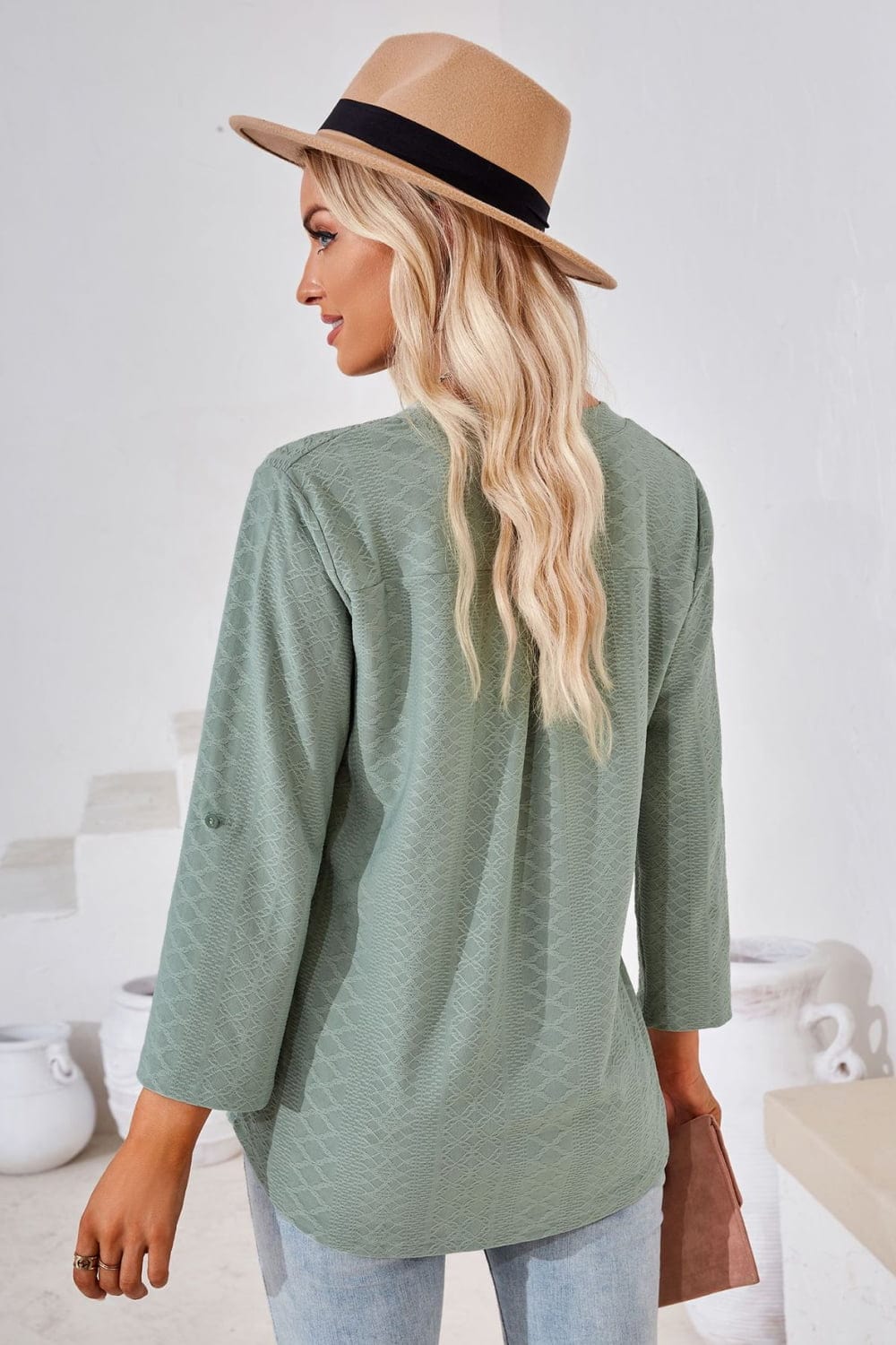 Full Size V-Neck Roll-Tap Sleeve Blouse