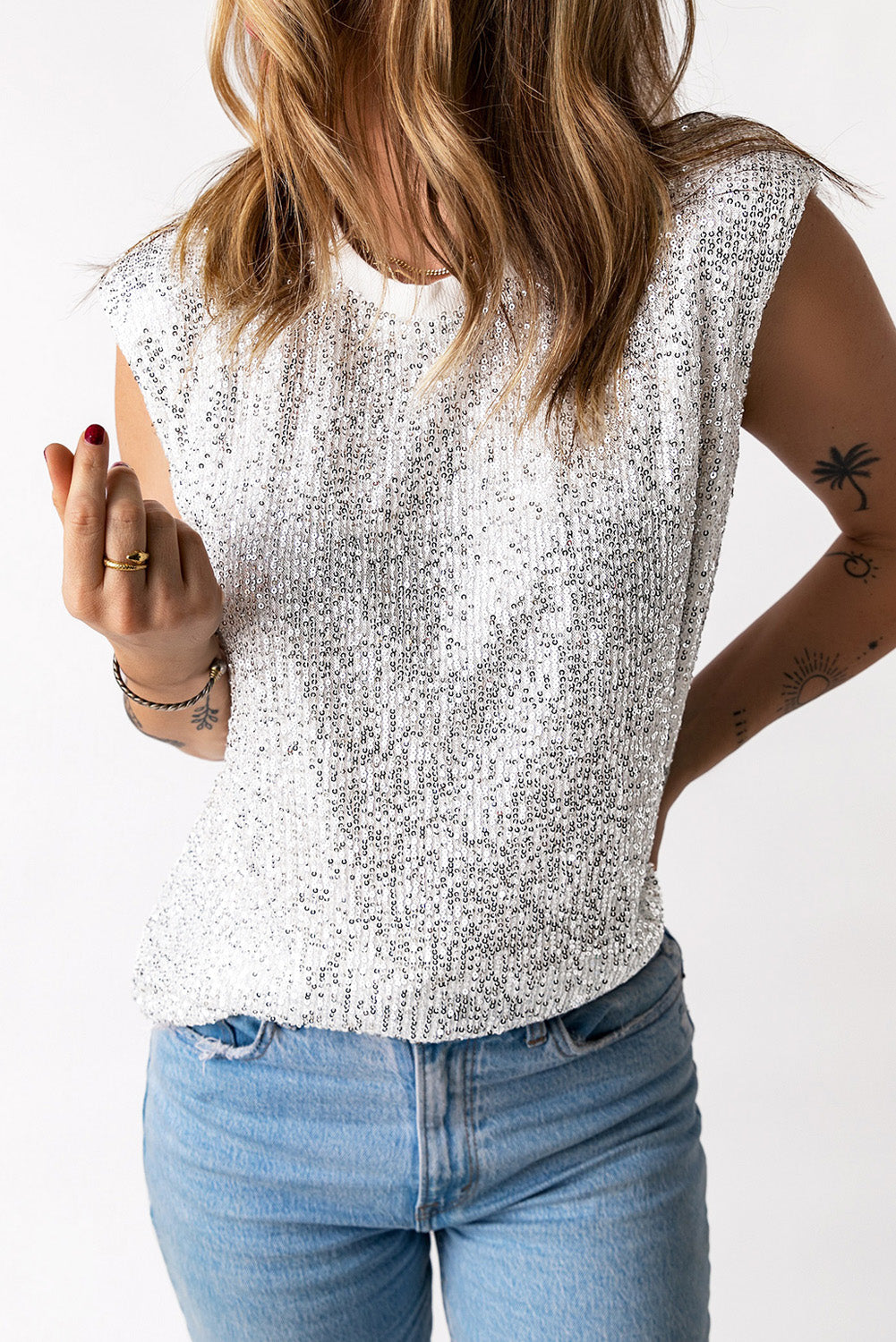 Women's Sequin Round Neck Capped Sleeve Tank