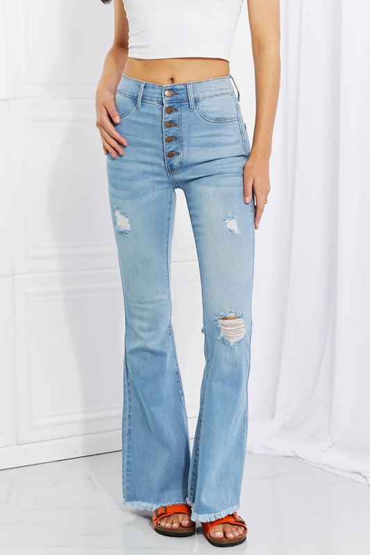 Women's Vibrant MIU Full Size Jess Button Flare Jeans