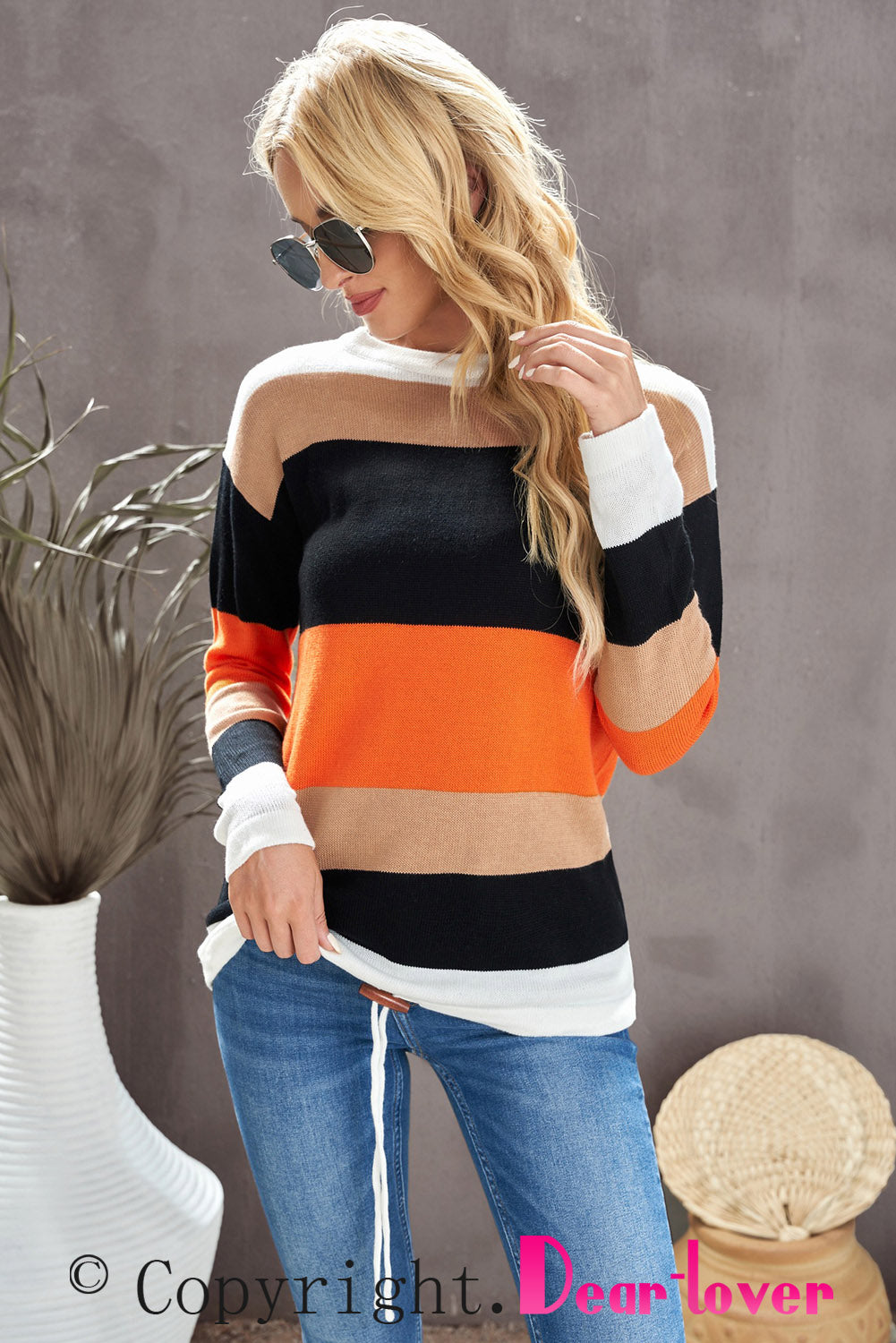 AuroraBlissX Full Size Round Neck Color Block Dropped Shoulder Knit Top
