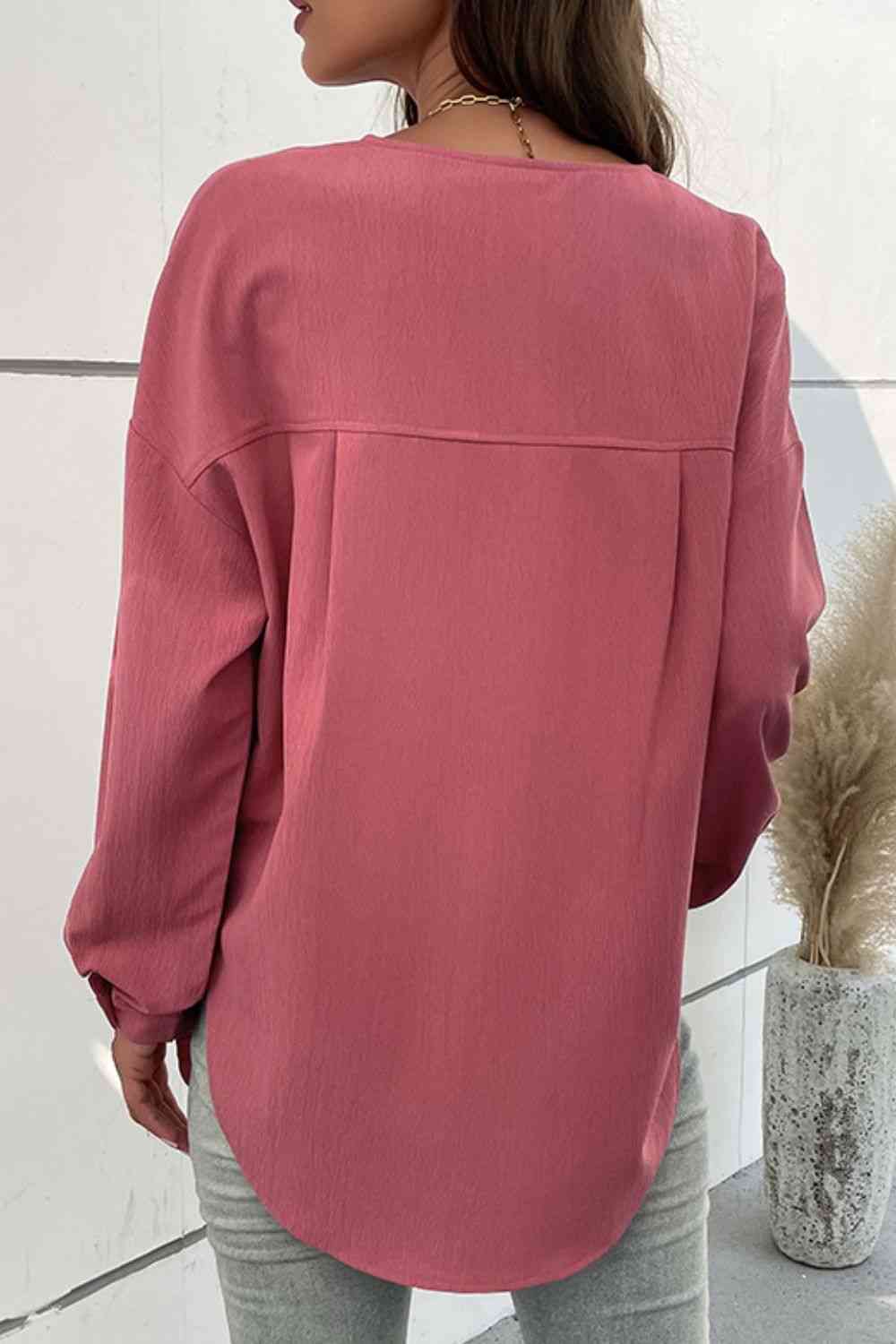 Magenta Red Half Button Pleated Detail Side Slit Blouse