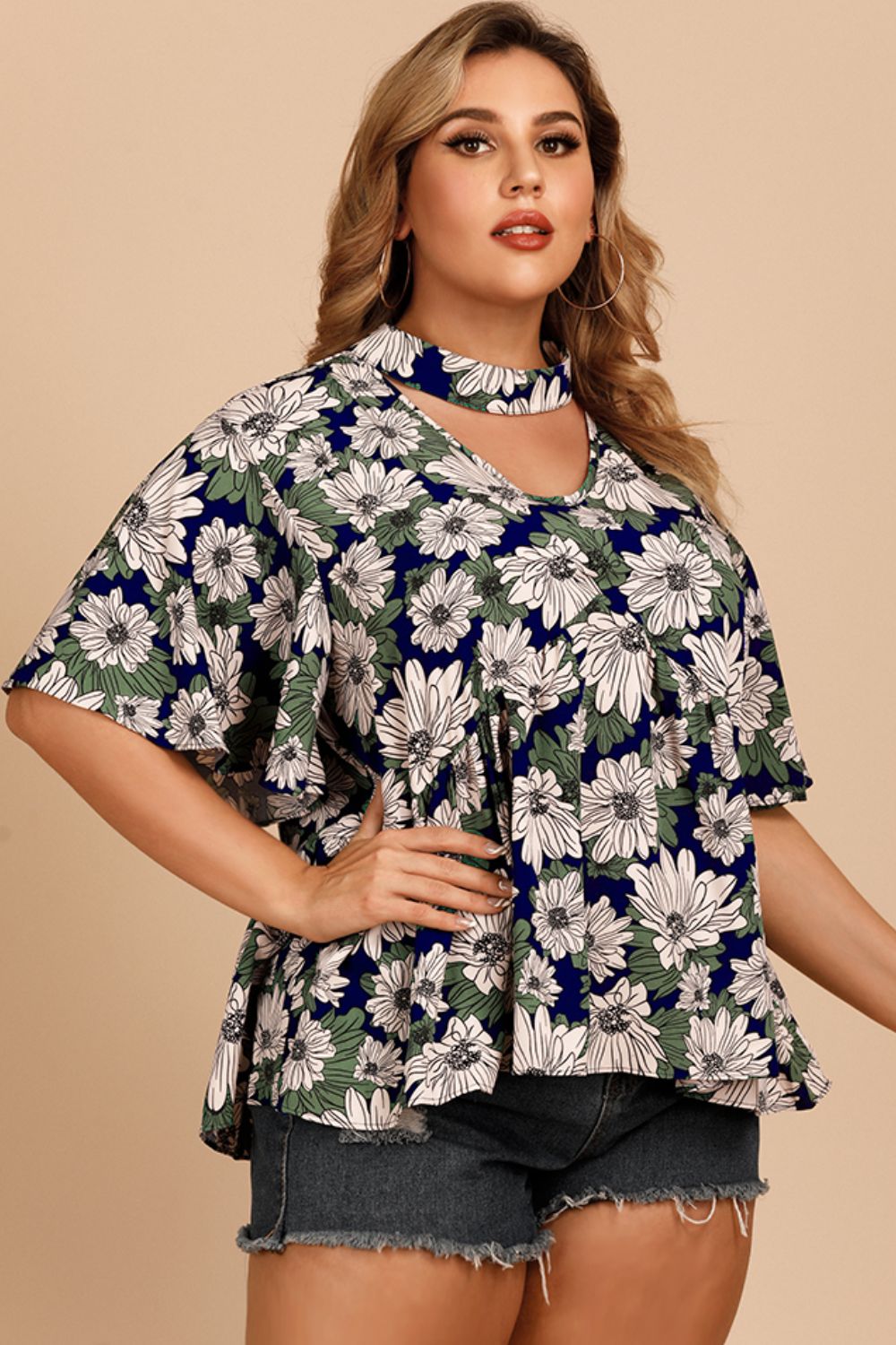 Women's Plus Size Floral Flutter Sleeve Cutout Blouse