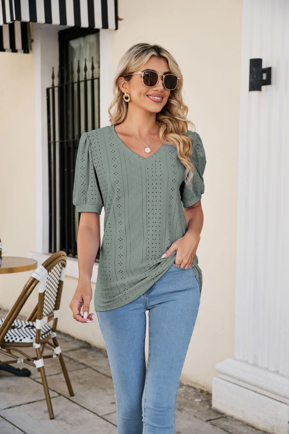 Full Size Eyelet Puff Sleeve V-Neck Top