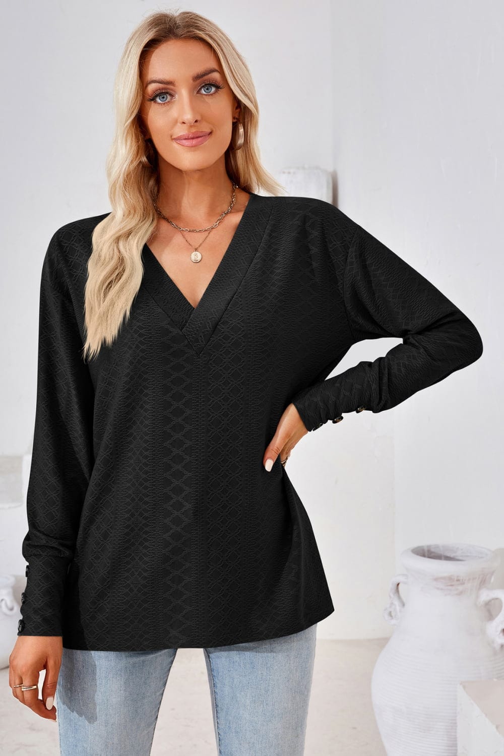 Full Size V-Neck Long Sleeve Blouse