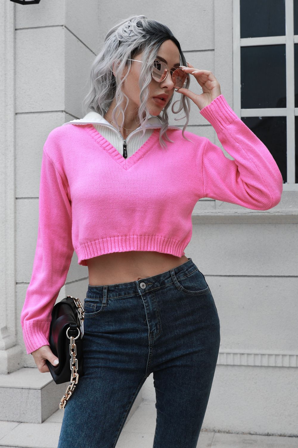 Basic Style Pink, Black, or Blue Contrast Collared Cropped Sweater
