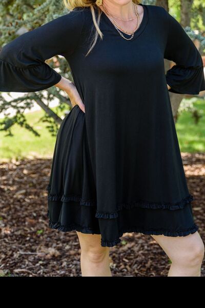 Plus Size Frill Trim Flounce Sleeve Black Dress
