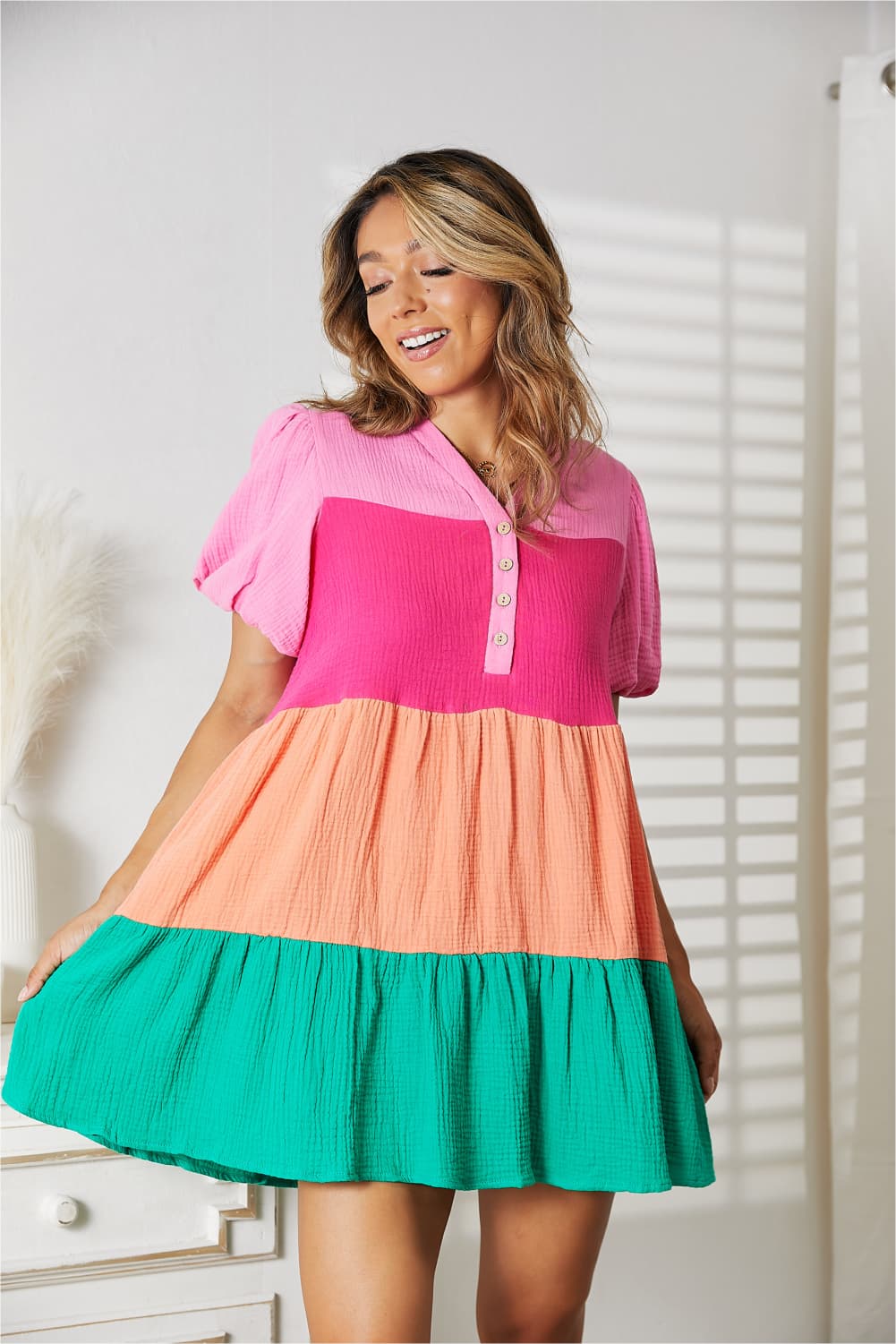 Double Take Color Block Buttoned Puff Sleeve Multi Colored Dress