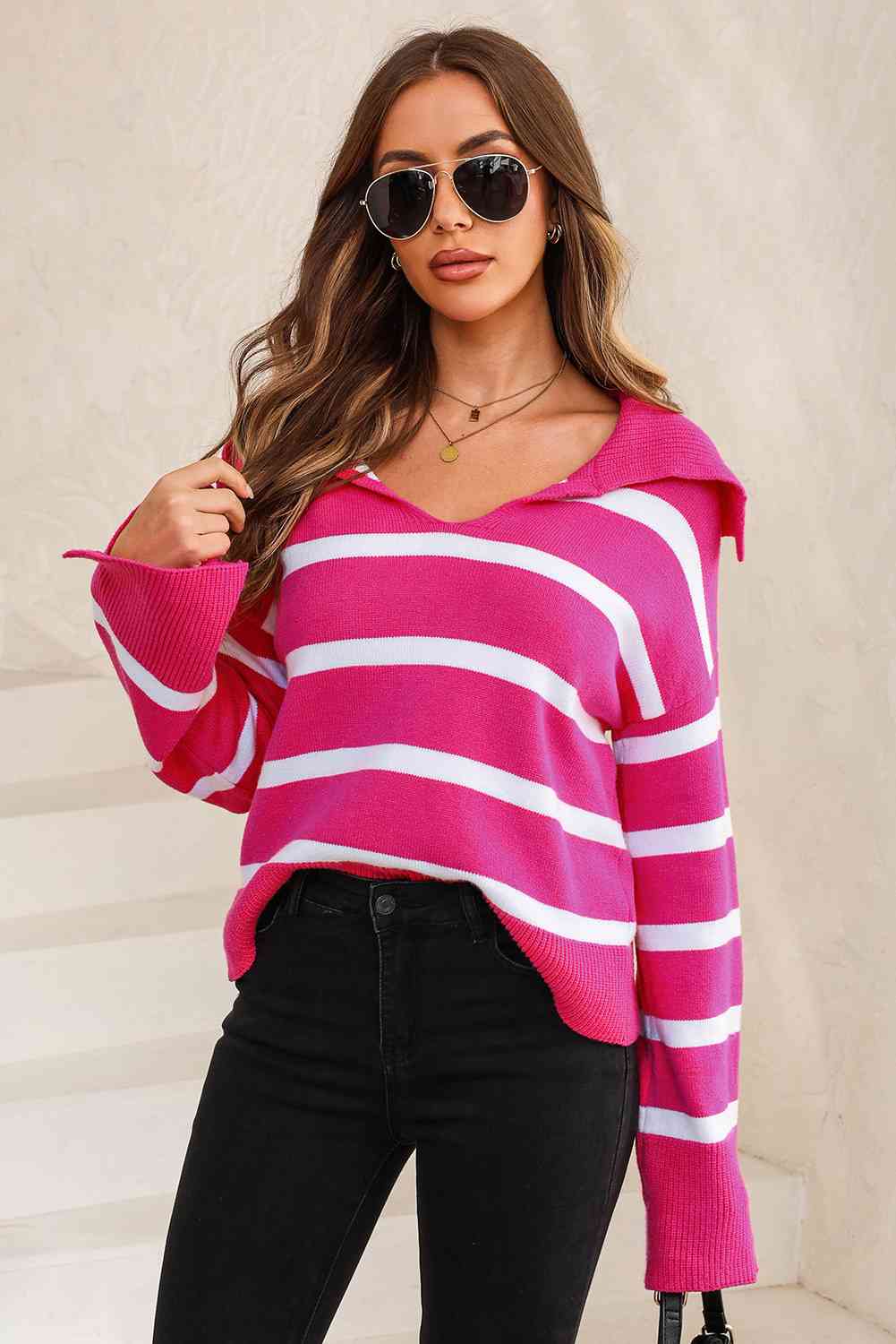 Full Size Striped Collared Neck Slit Sweater