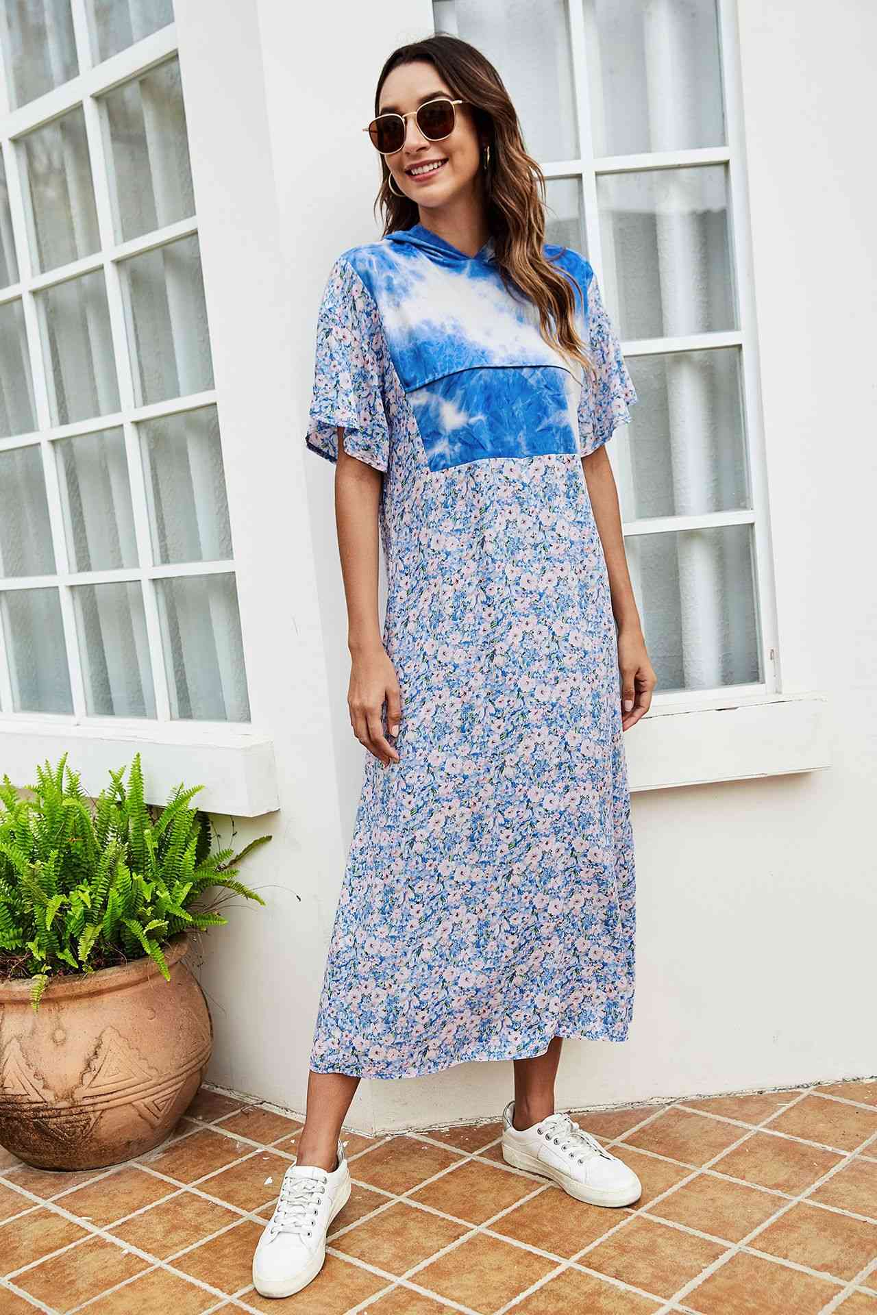 Blue Tie-Dye Floral Flutter Sleeve Hooded Dress