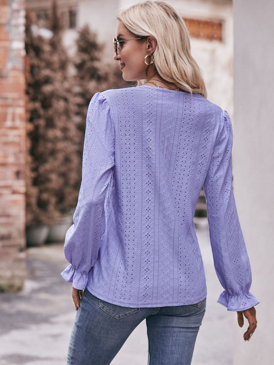 Pretty Purples Eyelet V-Neck Flounce Sleeve Blouse