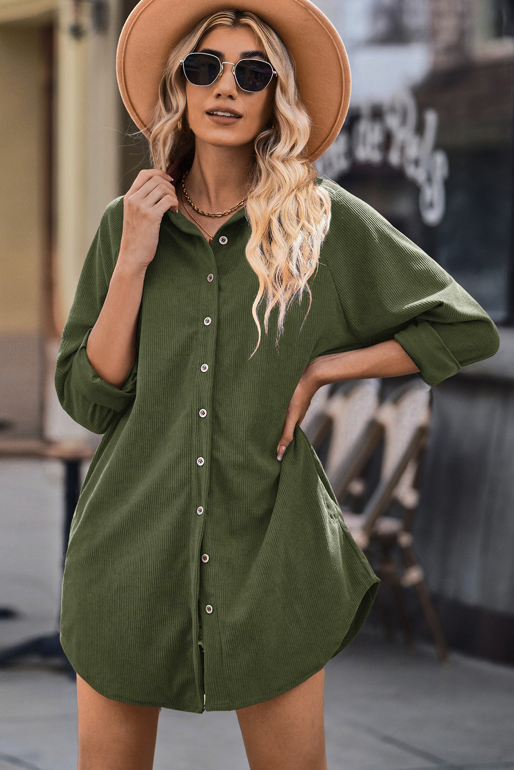 Women's Button Front Curved Hem Raglan Sleeve Shirt Dress