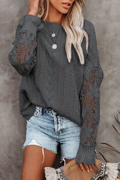 Isabella Openwork Lantern Sleeve Dropped Shoulder Sweater