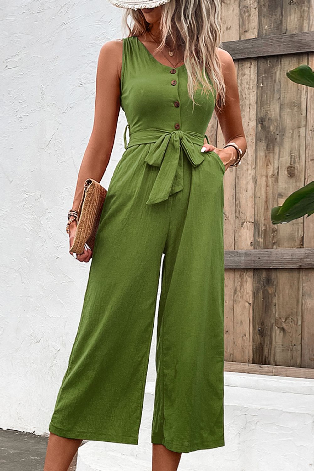 Full Size Tie Belt Sleeveless Jumpsuit with Pockets