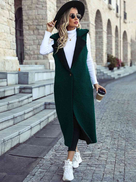 Green Full Size Lapel Collar Sleeveless Coat Vest