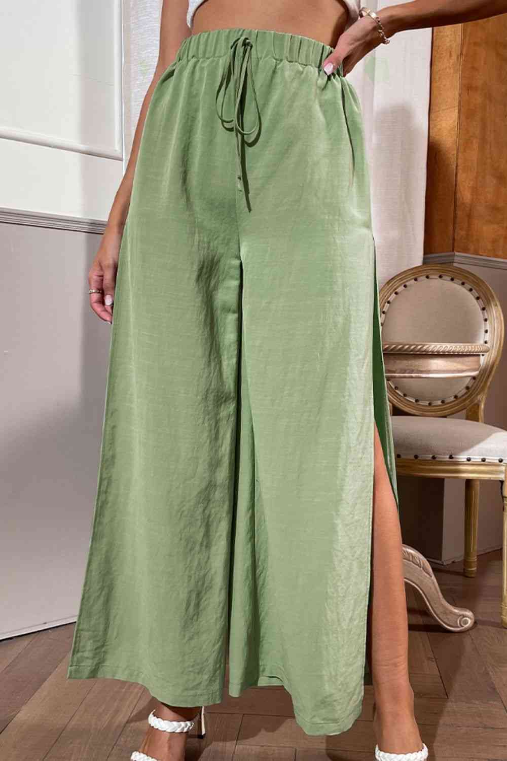 Gum Leaf Green Side Slit Wide Leg Pants