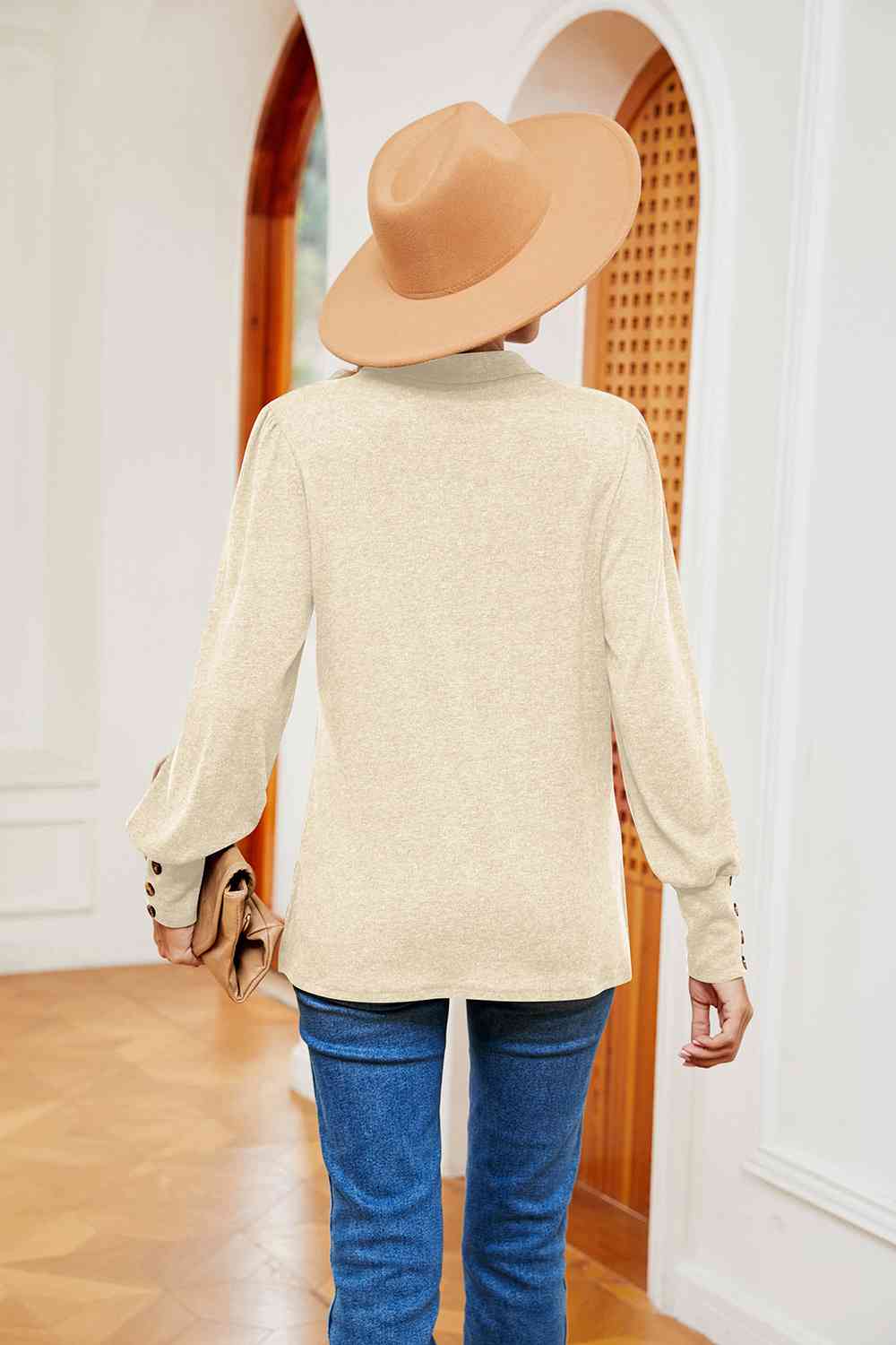 Full Size Johnny Collar Long Sleeve Top