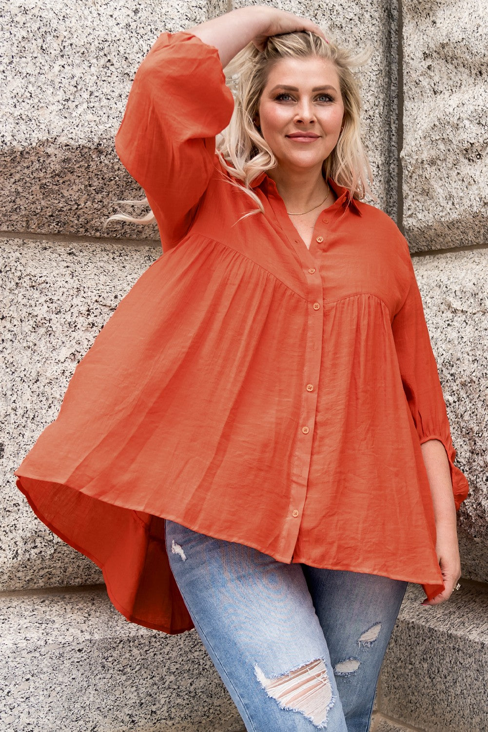 Women's Plus Size Collared Balloon Sleeve Shirt