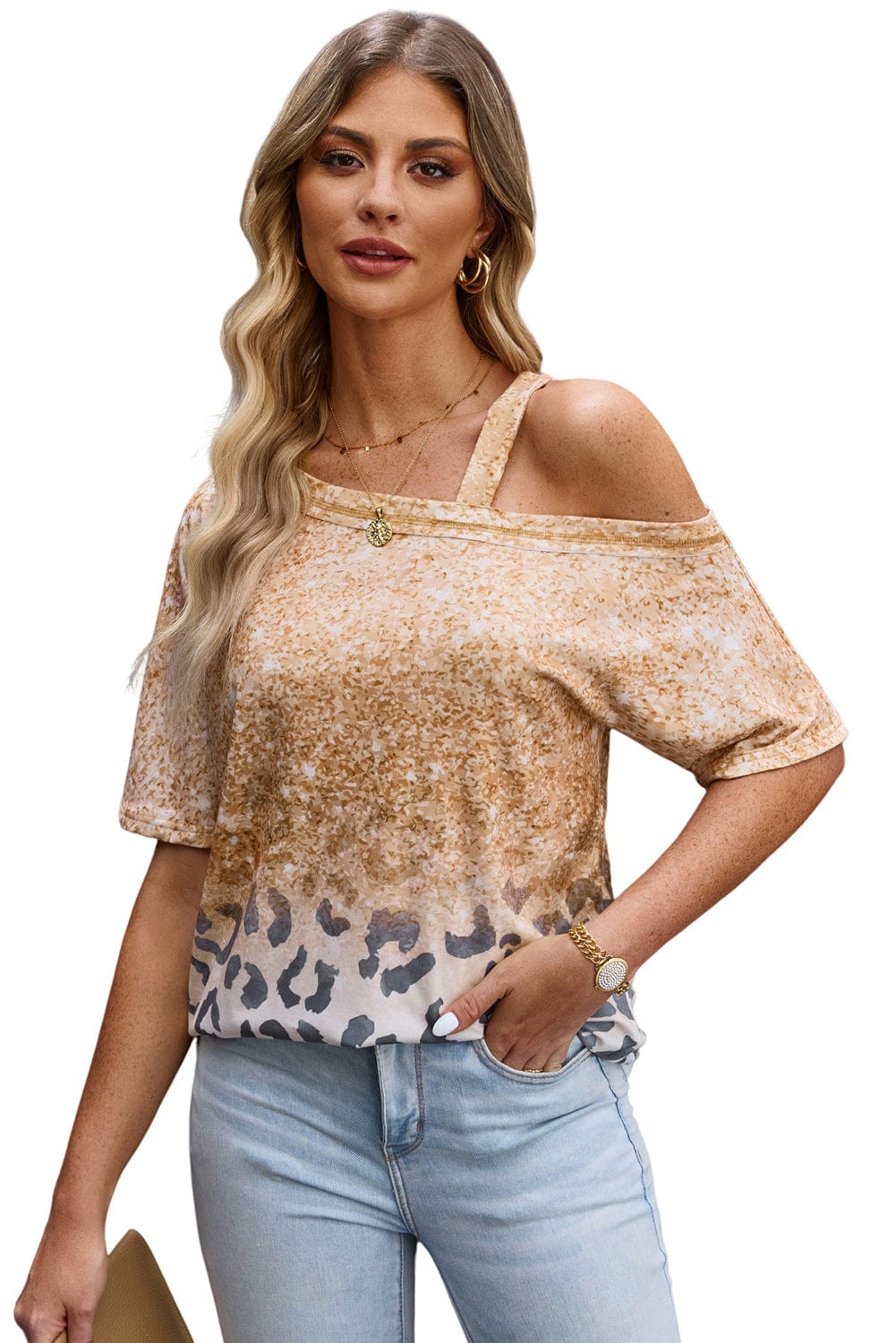 LOVEN'SWEETNESS Full Size Leopard Asymmetrical Neck Cold-Shoulder Blouse