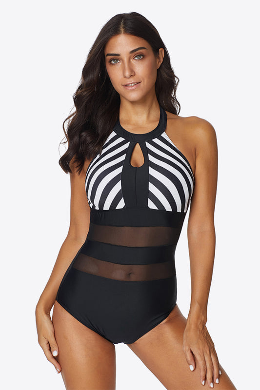 Women's Full Size Striped Cutout Spliced Mesh Halter Neck One-Piece Swimsuit