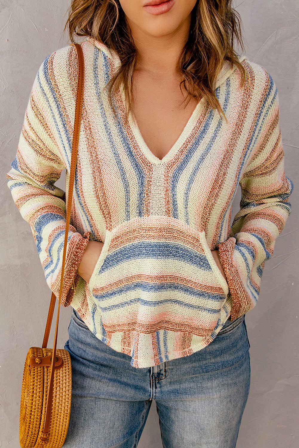 PopTrend Full Size Striped Hooded Sweater with Kangaroo Pocket