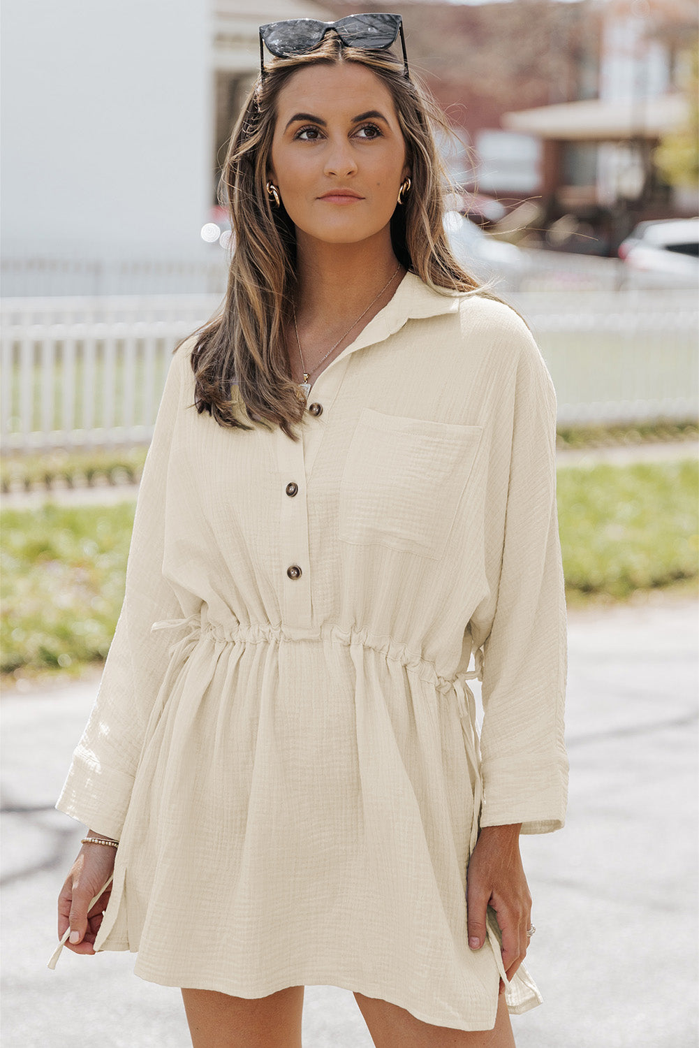 SOChic Button-Up Long Sleeve Collared Neck Mini Dress