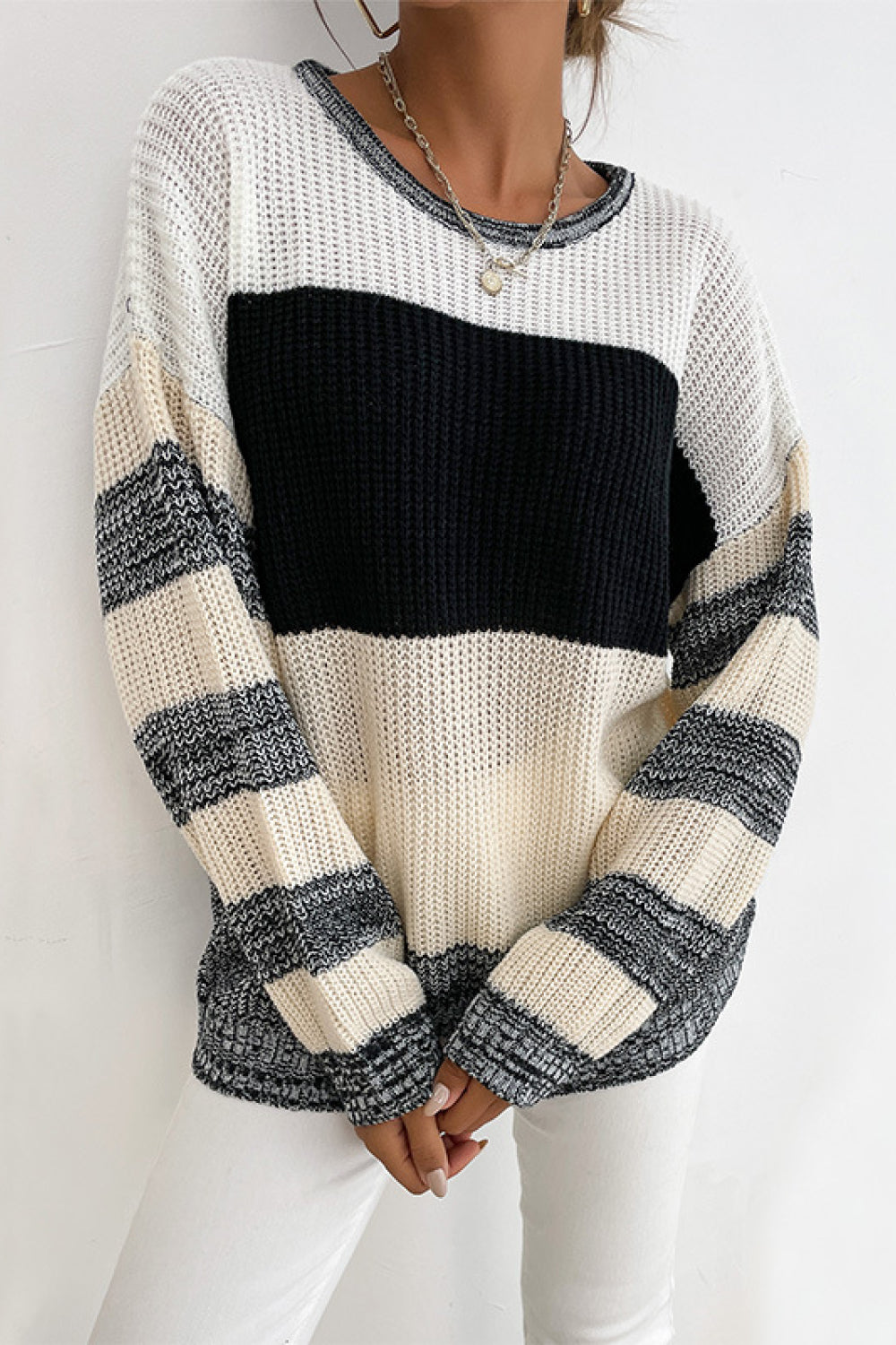 Women's Striped Dropped Shoulder Pullover Sweater