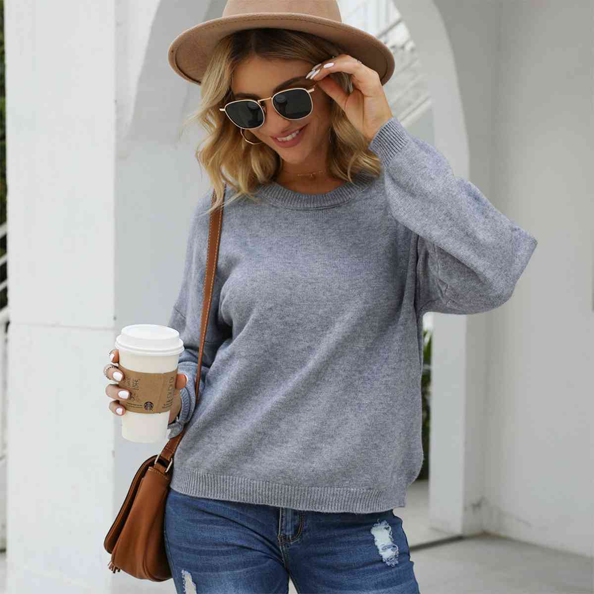 SnuggleTime Round Neck Long Sleeve Drop Shoulder Sweater