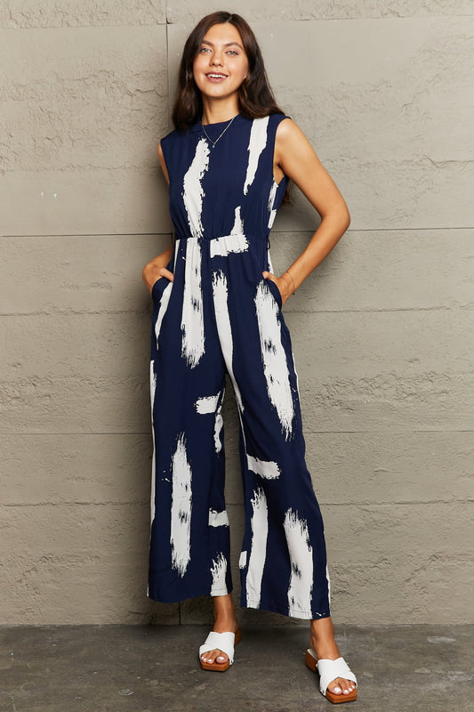 Navy Blue Printed Round Neck Cutout Jumpsuit with Pockets