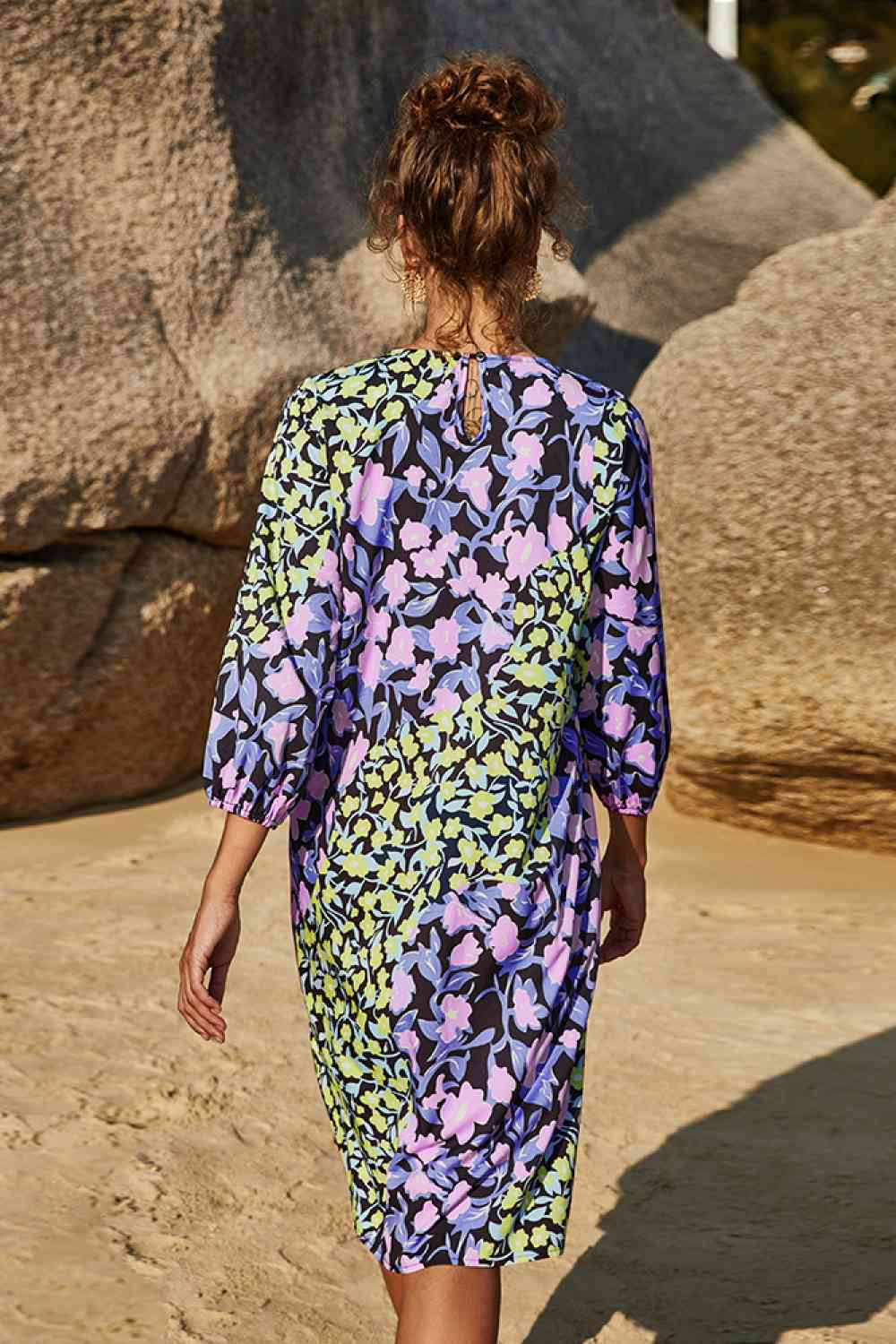 Purple-Green Floral Three Quarter Sleeve Dress