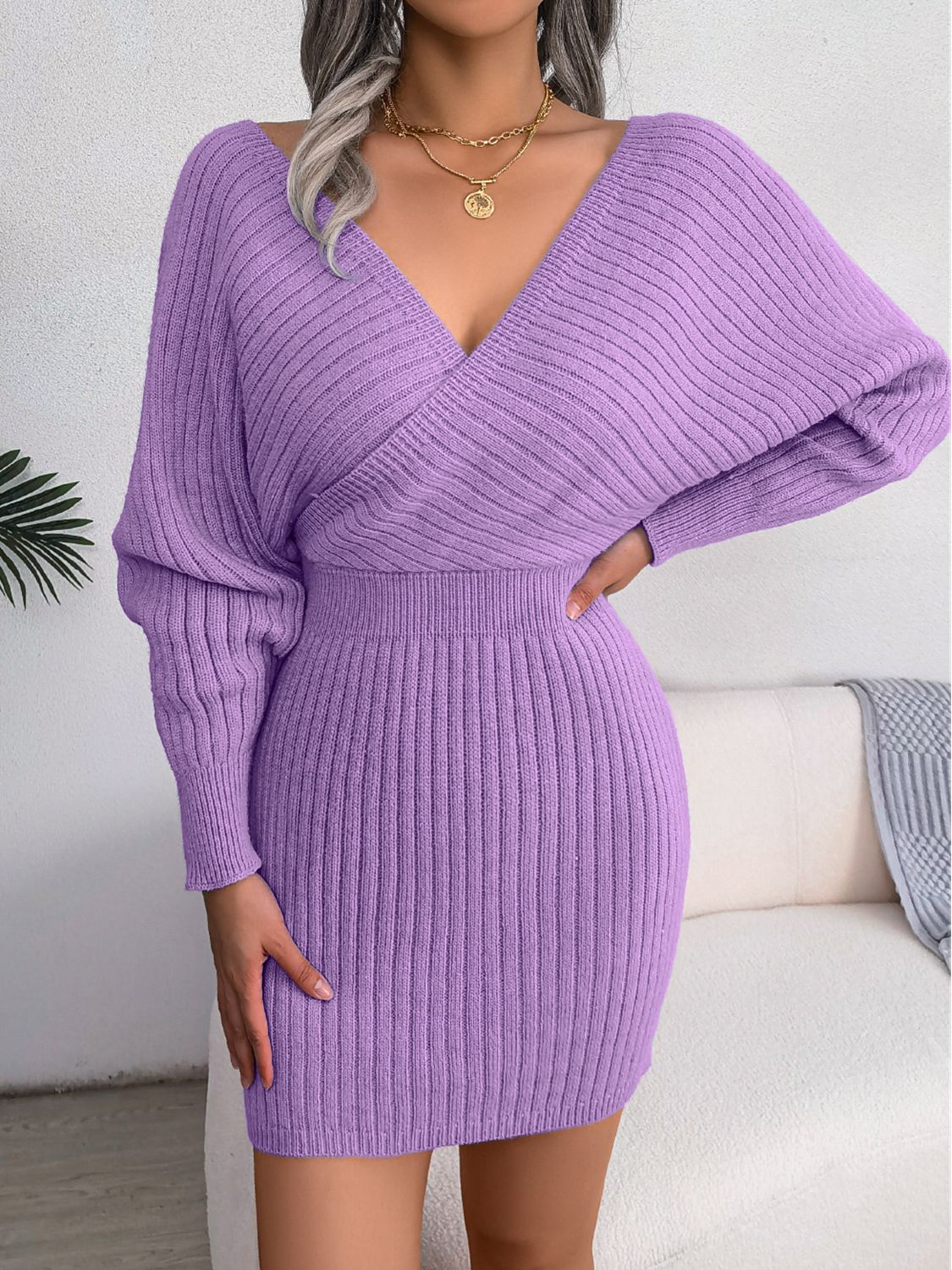 Delilah Rib-Knit Dolman Sleeve Sweater Dress