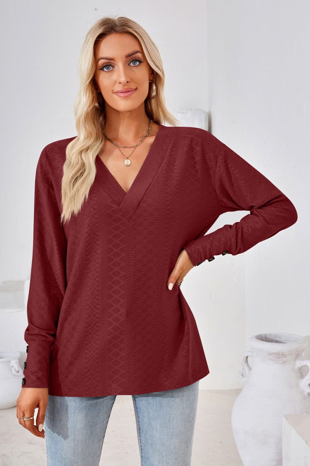 Full Size V-Neck Long Sleeve Blouse