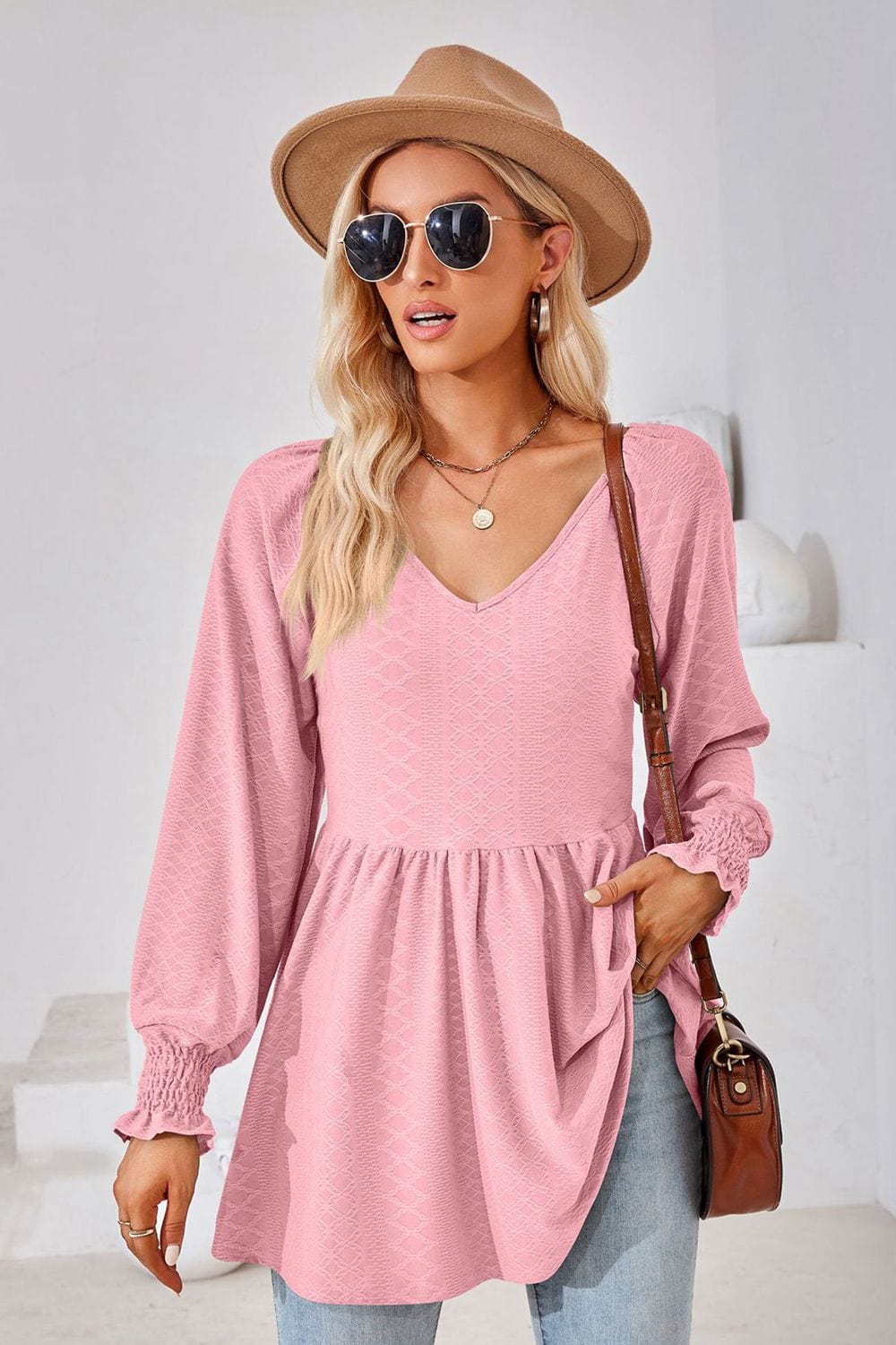 Full Size V-Neck Lantern Sleeve Blouse