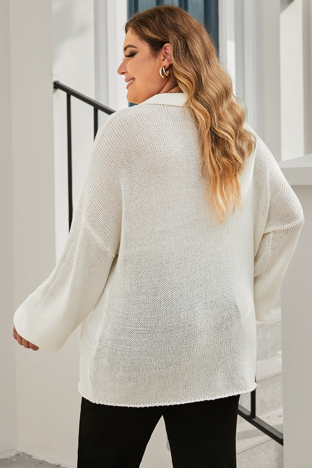 Ivory Plus Size Quarter-Button Collared Sweater