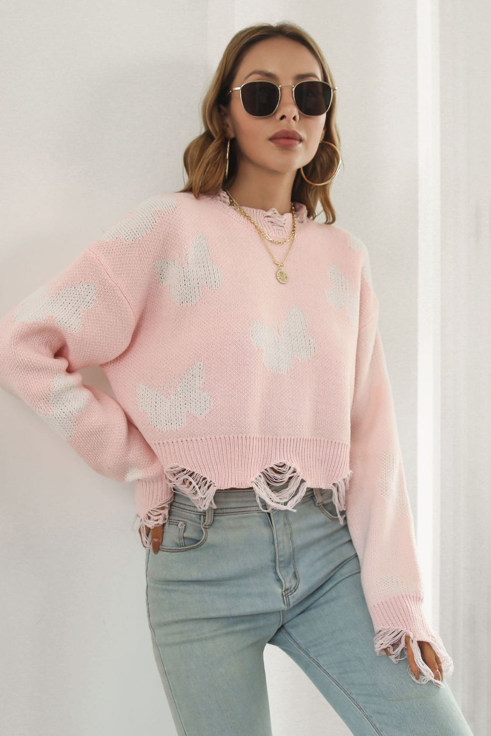 NatashaJay Printed Round Neck Ribbed Long Sleeve Sweater 🦋