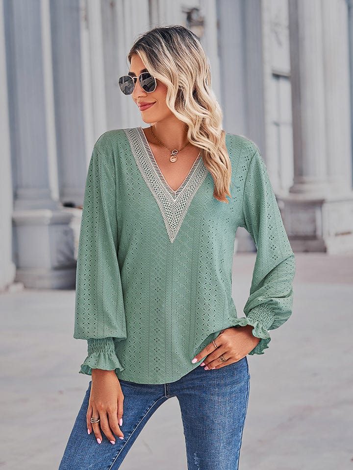 Full Size V-Neck Eyelet Flounce Sleeve Blouse