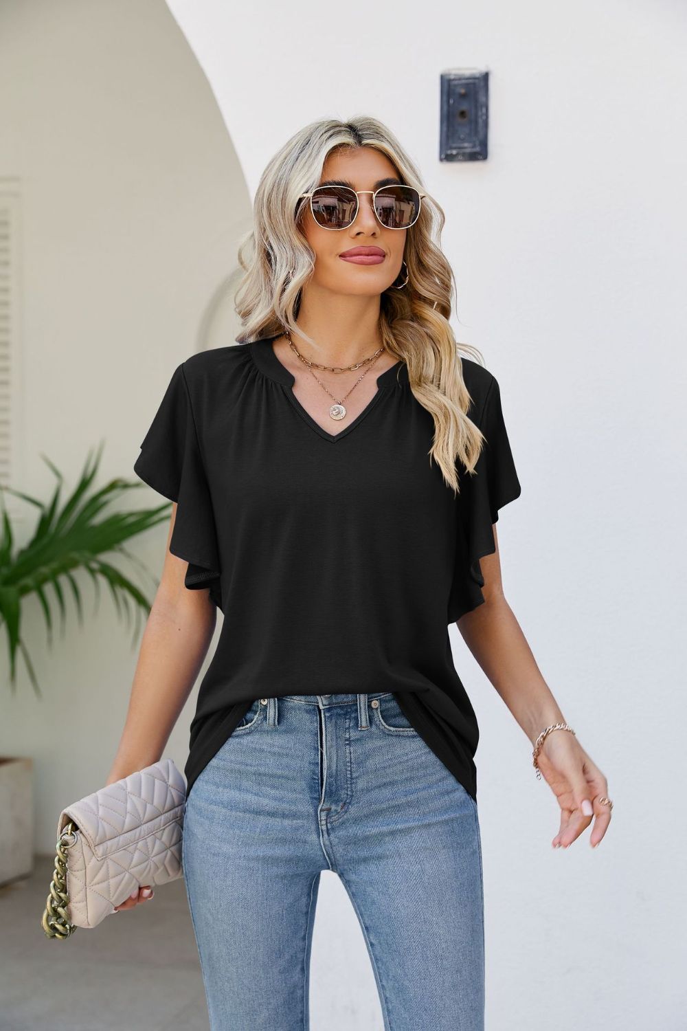 Women's JAYLEEN Full Size Notched Neck Flutter Sleeve Tee